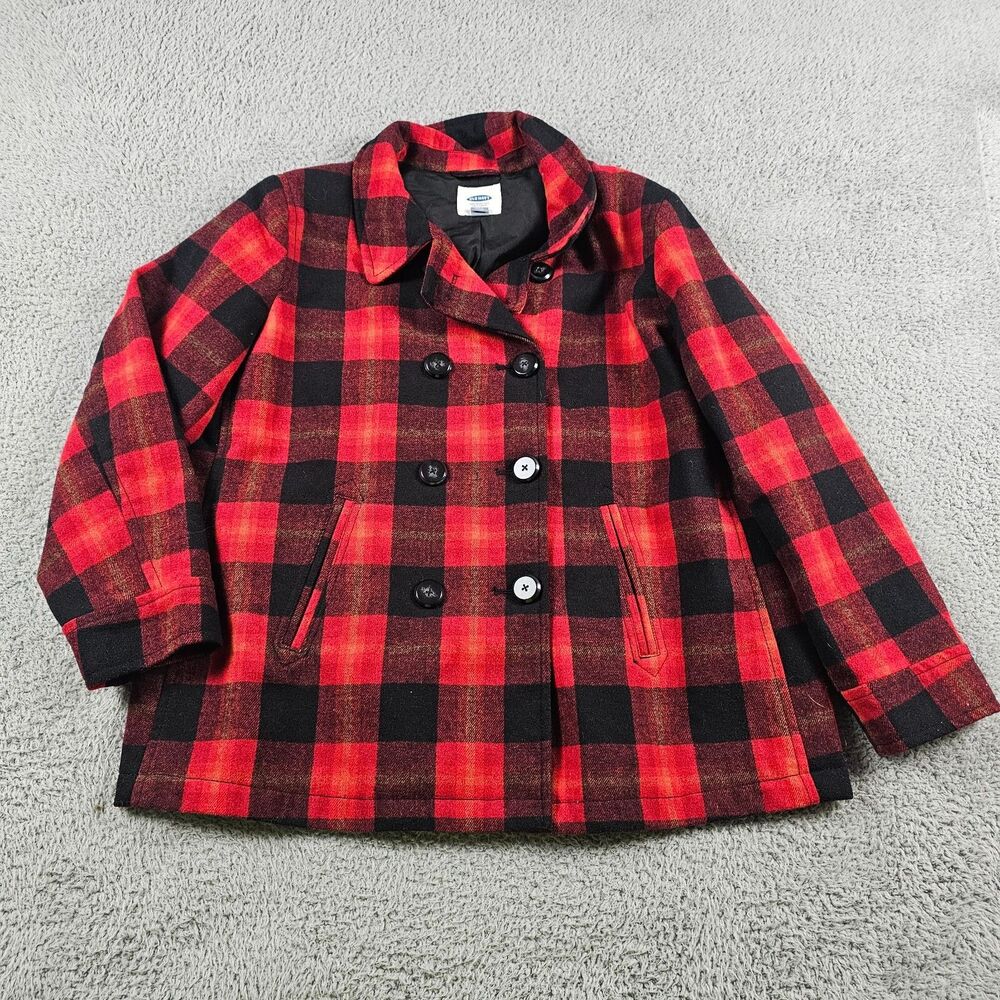 Old Navy Pea Coat Womens  XXL Red Wool Blend Buffalo Check Lined Casual